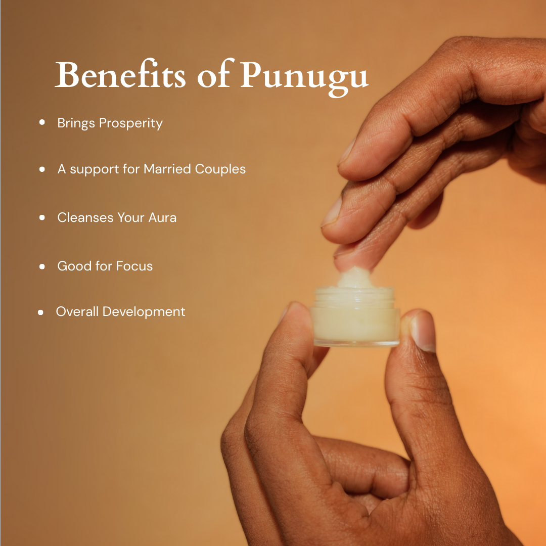 Benefits of punugu — hand holding an open jar of Deiveegaa pure civet punugu paste