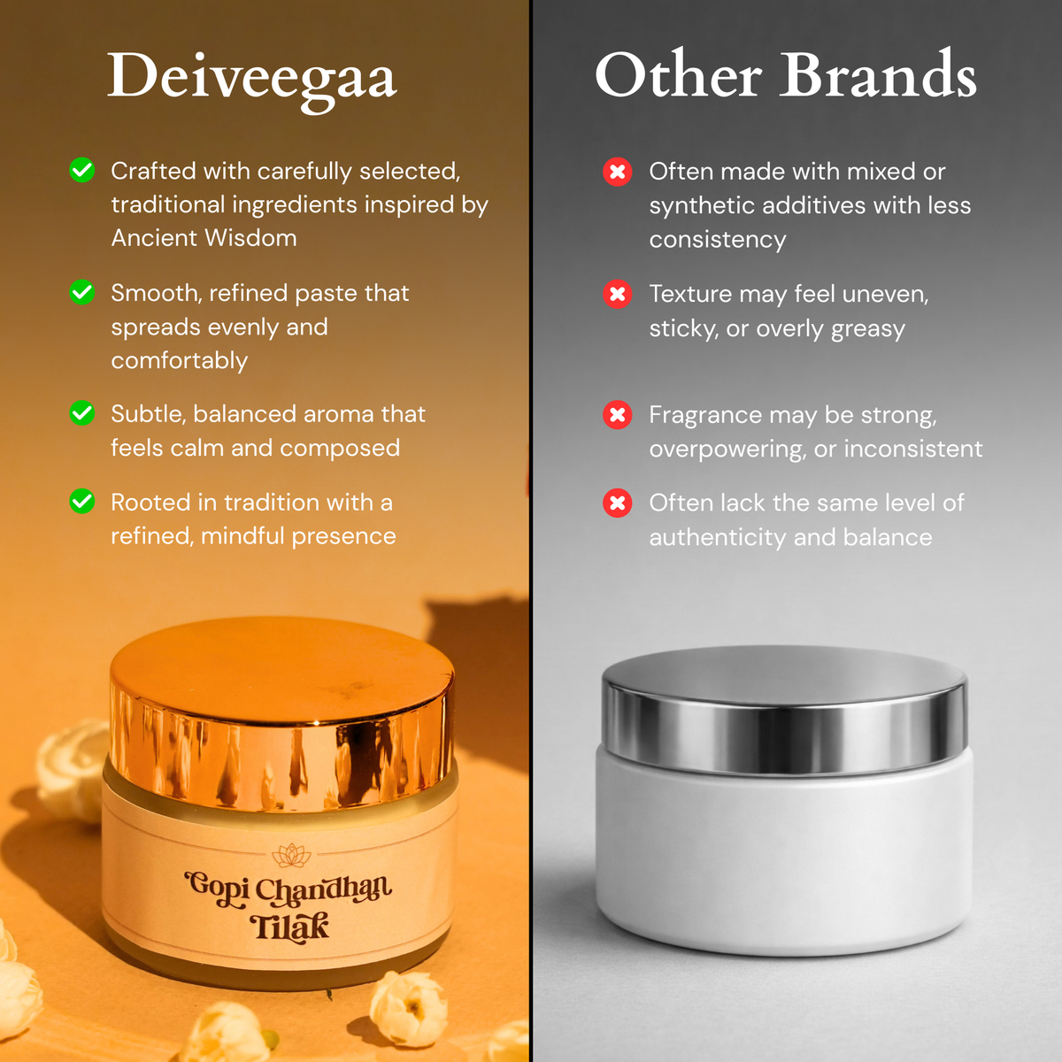 Deiveegaa Gopi Chandhan Tilak jar with a visual product comparison