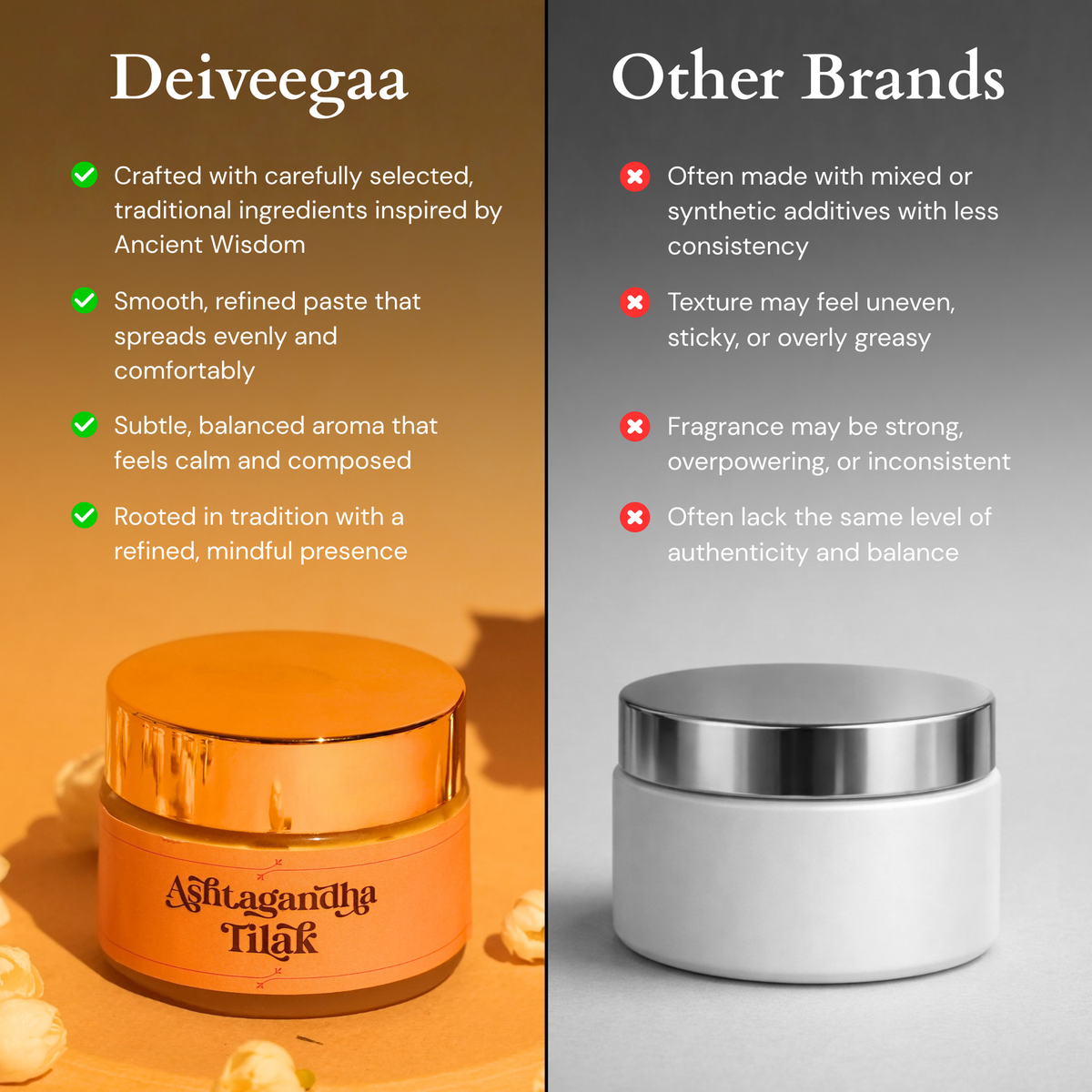 Deiveegaa Ashtagandha Tilak jar with a visual product comparison