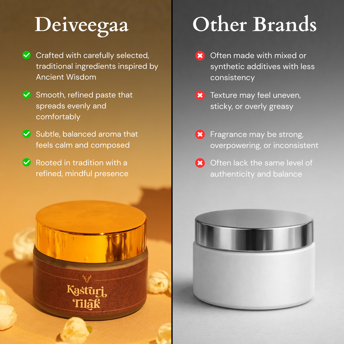 Deiveegaa Kasturi Tilak jar with a visual product comparison