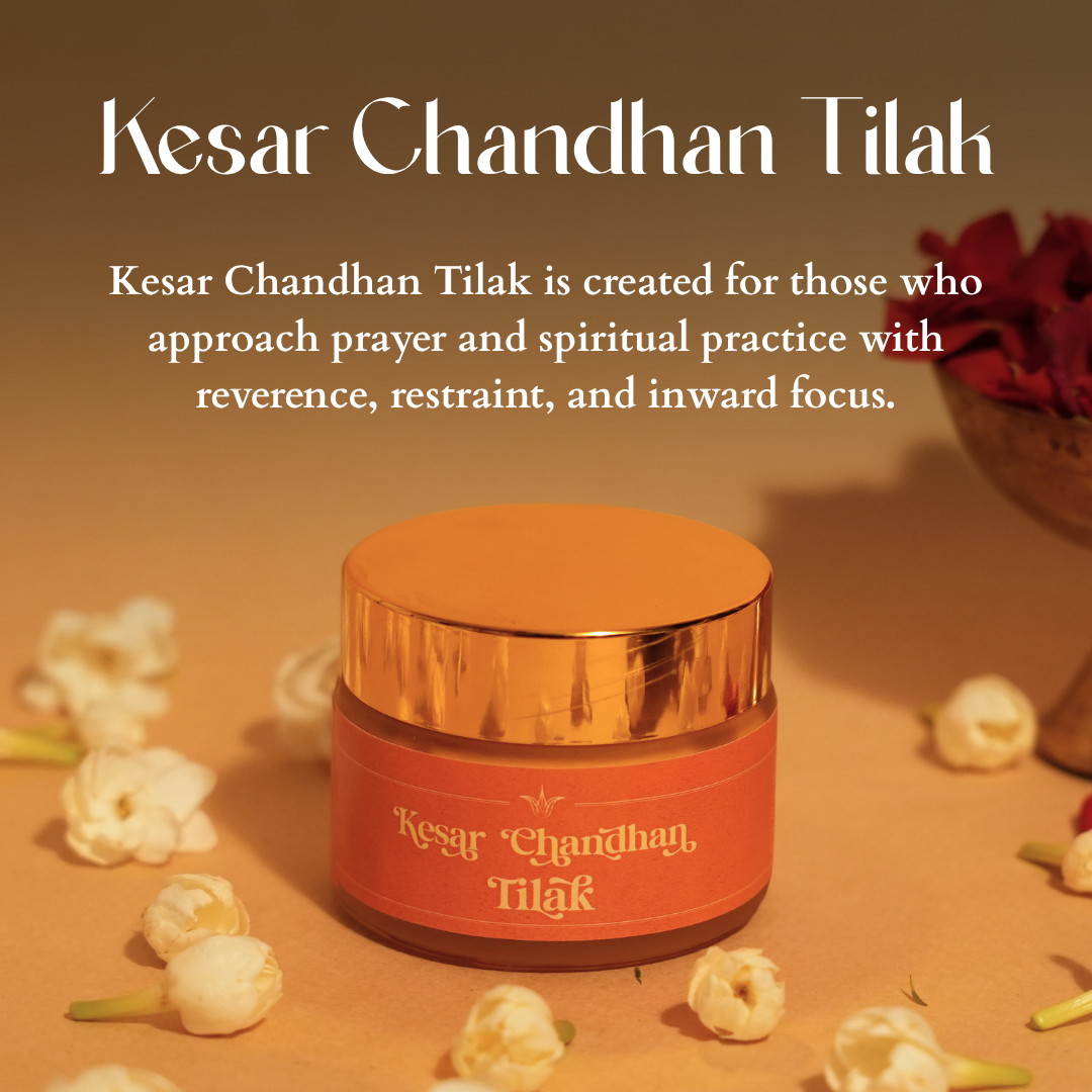 Deiveegaa Kesar Chandhan Tilak 50 g jar displayed on a warm floral background
