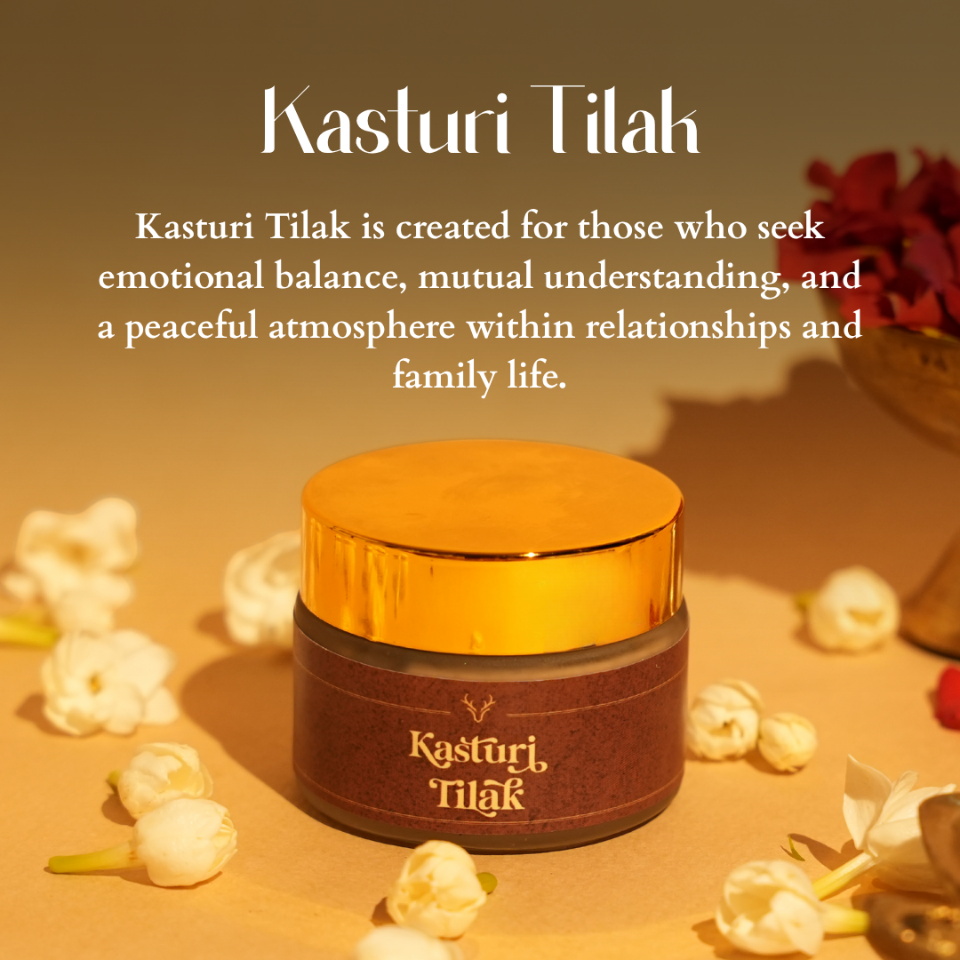 Deiveegaa Kasturi Tilak 50 g jar displayed on a warm floral background
