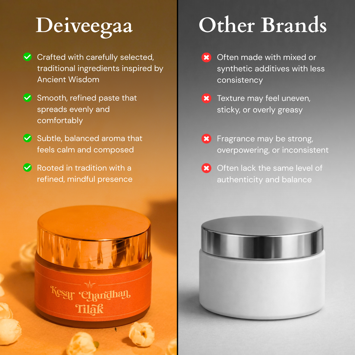 Deiveegaa Kesar Chandhan Tilak jar with a visual product comparison